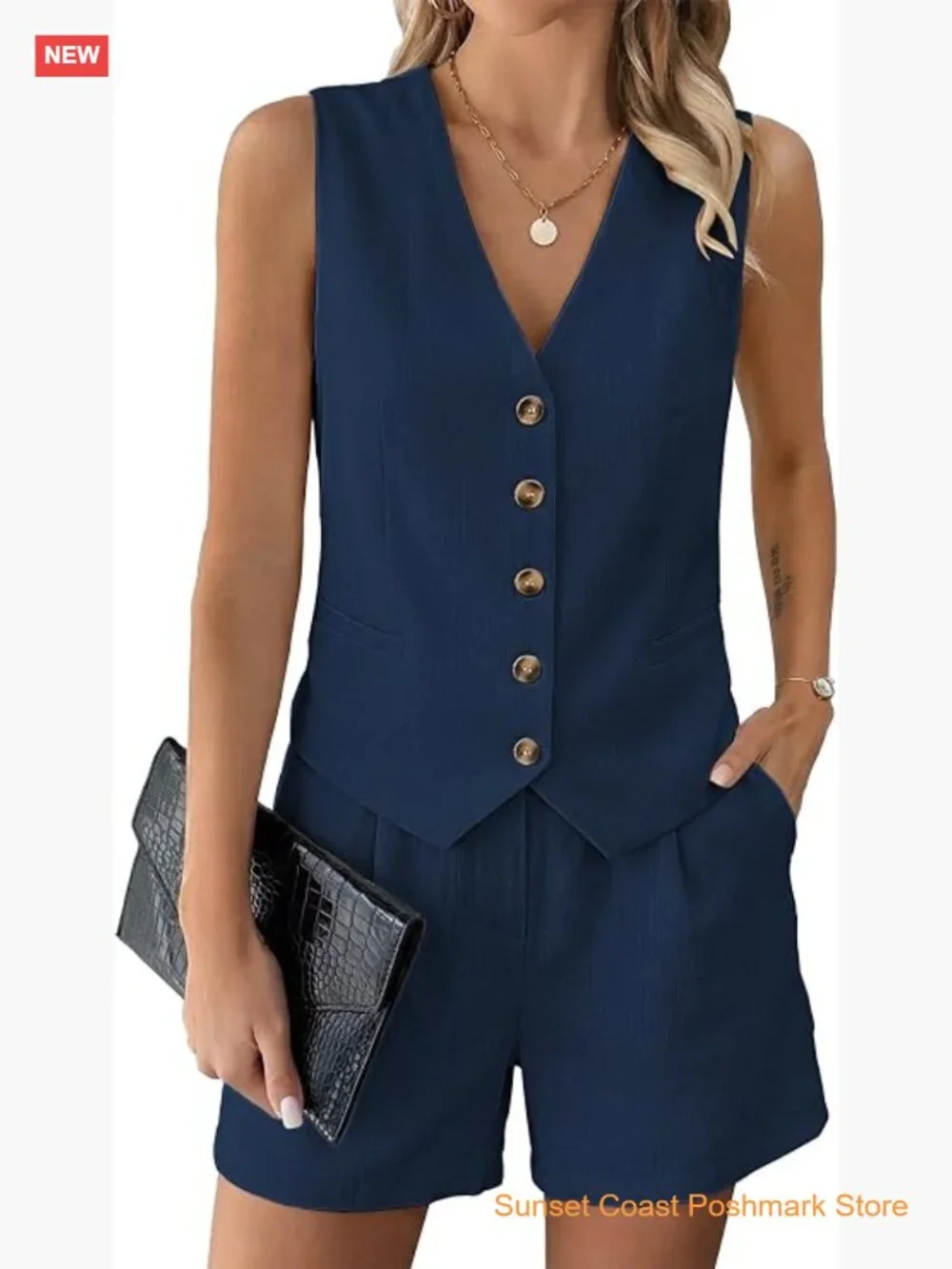 Womens 2 Piece Button Down Vest and Shorts Set with Pockets Matching Summer - Picture 1 of 7